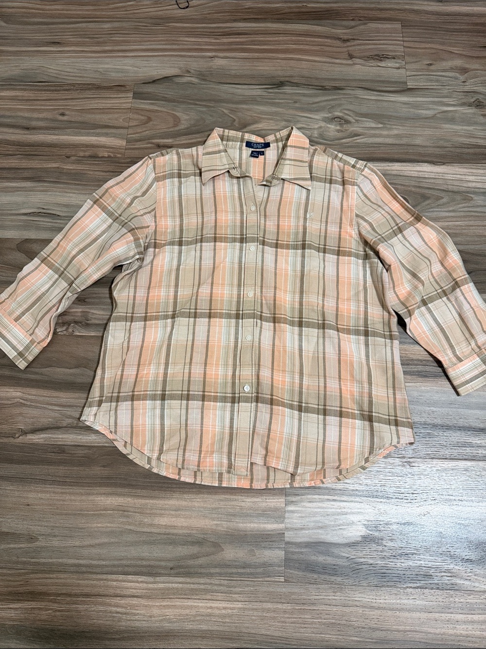 Chaps Womens Linen Cotton Plaid Button Down Shirt L Beige Peach 3/4 Sleeve